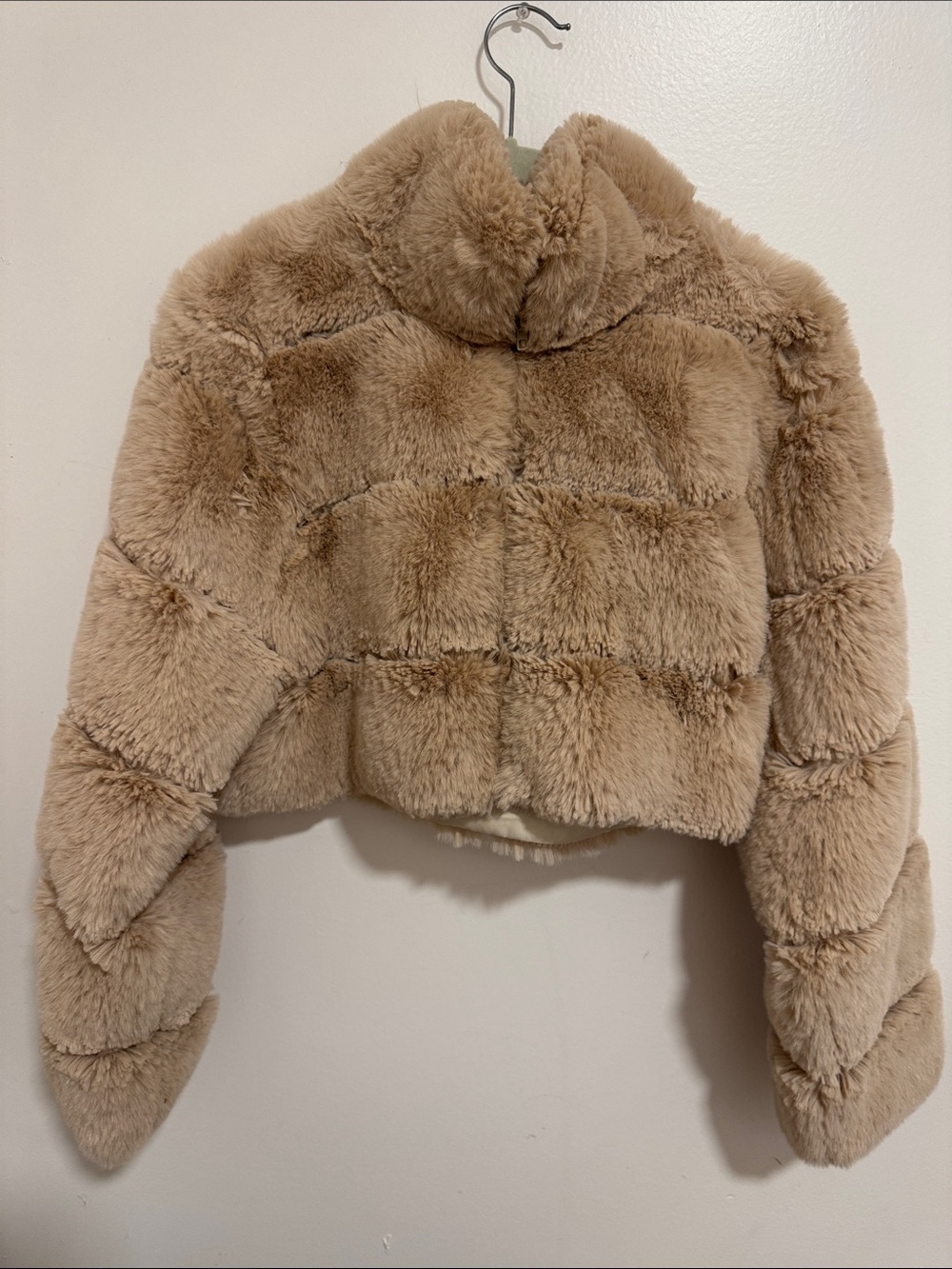 Cropped Plush Faux Fur Jacket in Beige
